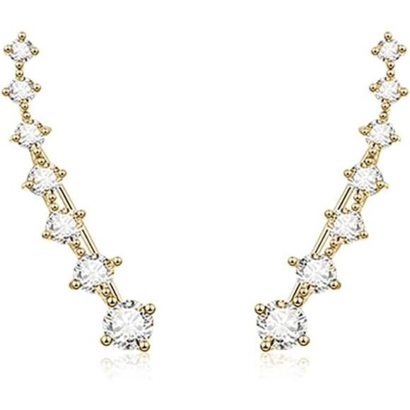 925 Sterling Silver 7 Crystals Cuff Earrings Climber for Women Crawler Earrings - Picture 1 of 7